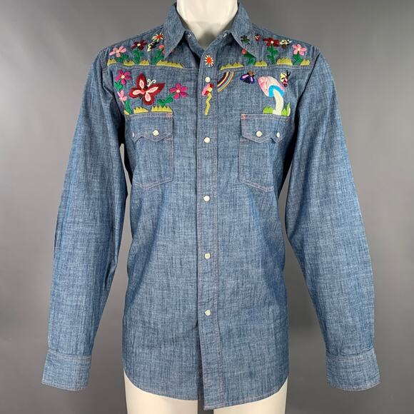 NEEDLES Size L Blue Multi Color Embroidery Chambray Snaps Long Sleeve Shirt - Picture 1 of 7